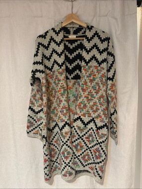 Debut Long Open Front Cardigan Geometric Aztec Multicolor Boho Sweater Size S
